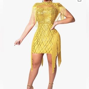 Sprifloral Sexy Bodycon Mini Dress - Women Sequins Tassels Mock Neck-NEW w/o tag